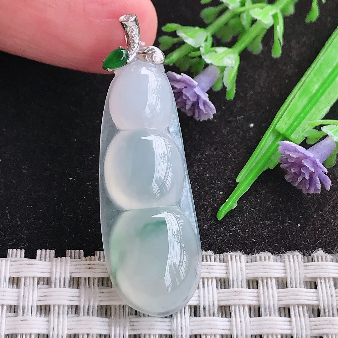 天然A货翡翠37.5/13.8/6.5老坑18k金镶嵌冰种飘花四季豆吊坠翡翠福豆挂件