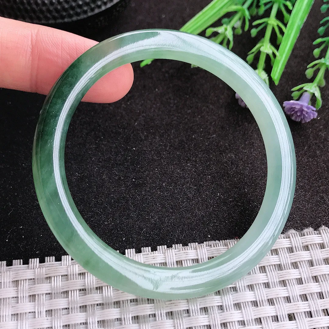 天然A货翡翠52.5/6.1/7.5老坑冰胶水灵飘花细条手镯圆条玉镯