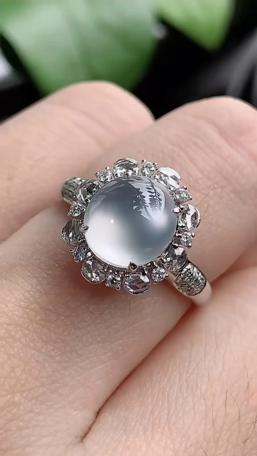 a货翡翠老坑冰种18K金伴钻镶嵌白月光蛋面戒指 圈口17.4裸石尺寸8.2×7.6mm 重量3.42g 1207