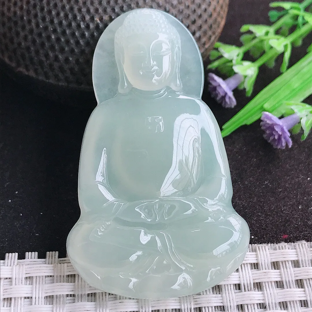 天然A货翡翠58/36.3/6老坑冰纯果冻胶冰晴绿大日如来佛吊坠翡翠挂件