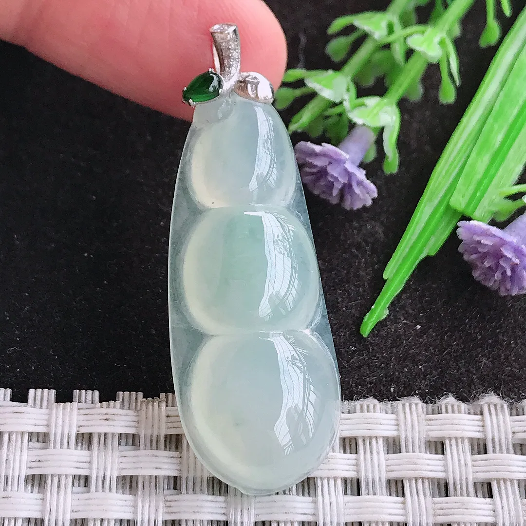 天然A货翡翠38.2/15.8/6老坑18k金镶嵌冰种起胶冰晴四季豆吊坠翡翠福豆