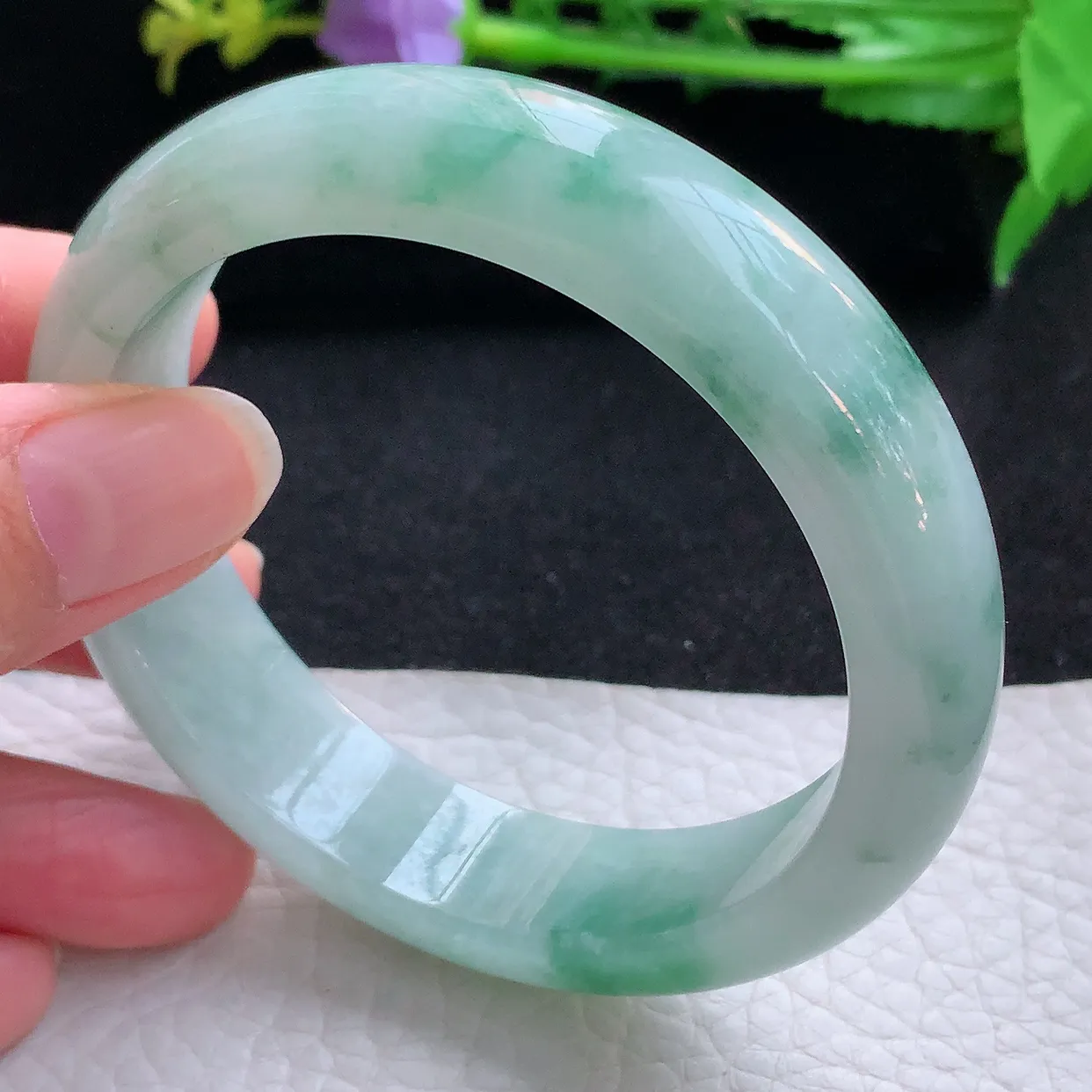 hy自然光58*14.5*8.5平安镯 翡翠a货玉手镯飘花宽边珠宝玉手环