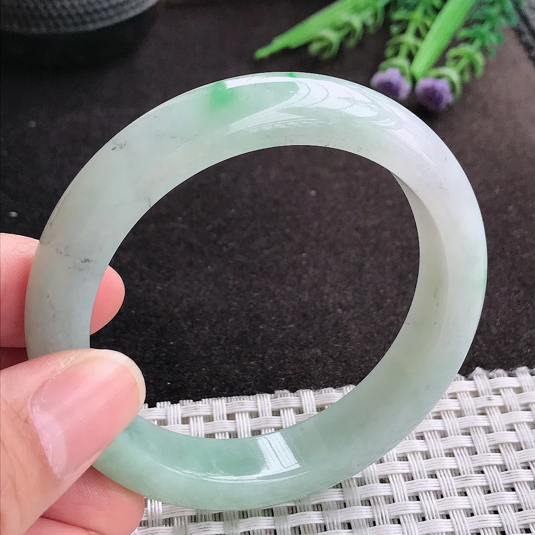 天然A货翡翠55.8/12.5/8.7老坑精美温润飘阳绿手镯宽边玉镯