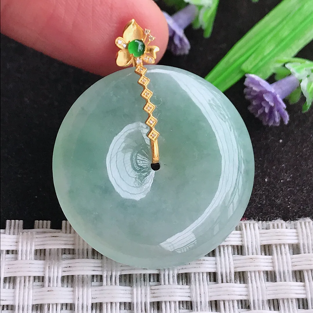 天然A货翡翠29.6/5.6老坑18k金镶嵌冰胶果冻冰晴平安扣吊坠翡翠挂件