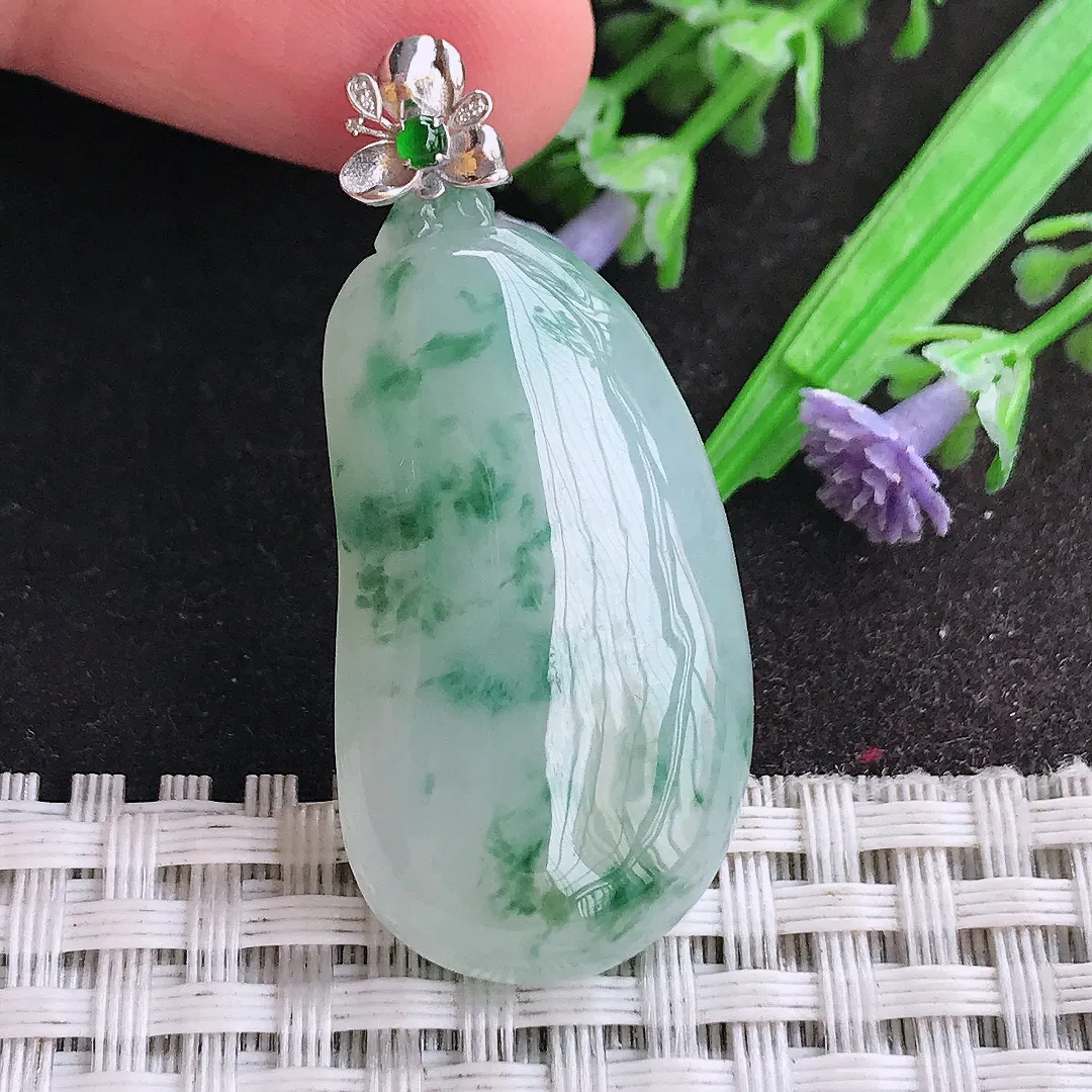 天然A货翡翠37/19.6/7.5老坑18k金镶嵌冰胶果冻飘花福瓜吊坠翡翠挂件