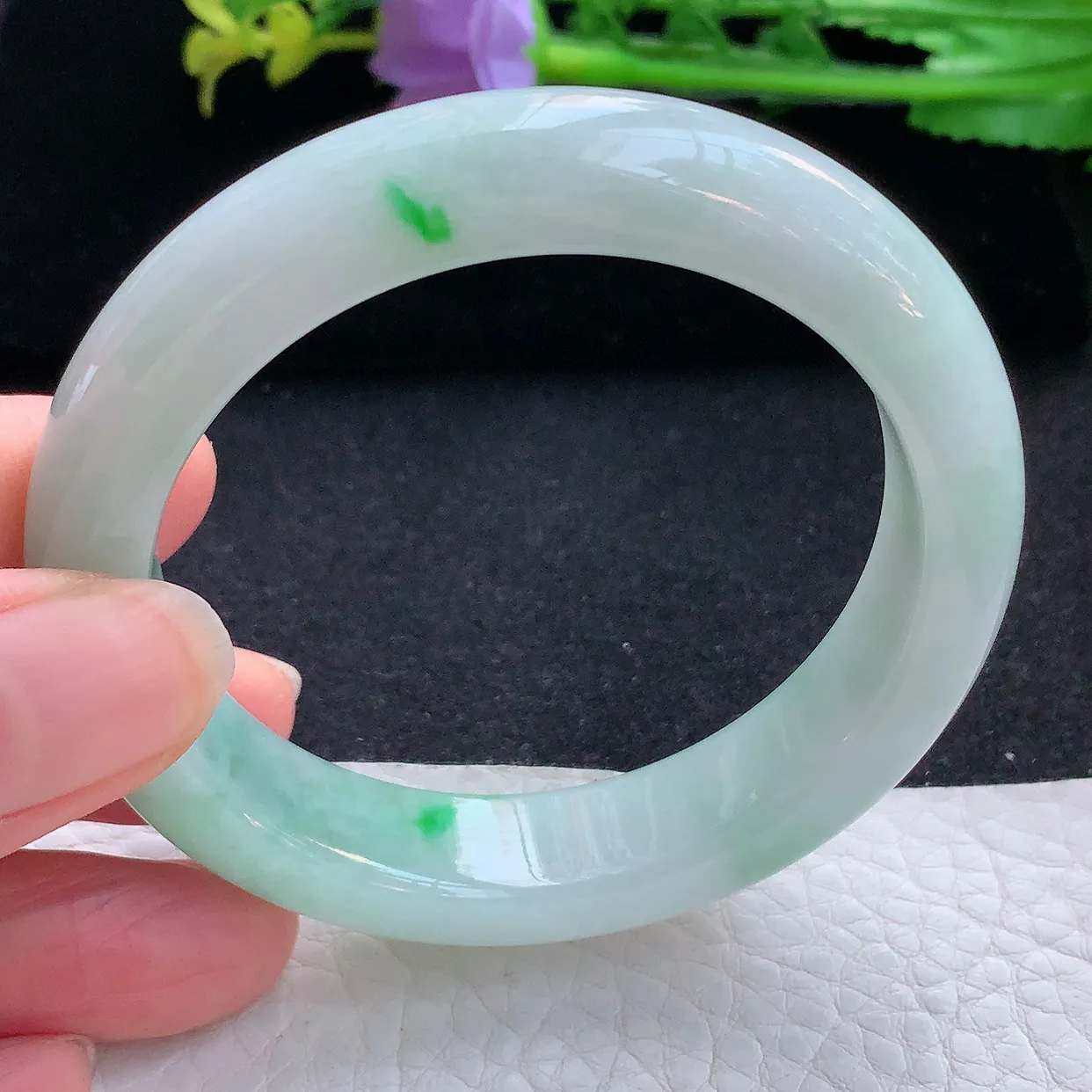 zjf小圈口52.5*12.5*8.3平安镯 翡翠a货玉手镯清新飘绿宽边珠宝玉手环