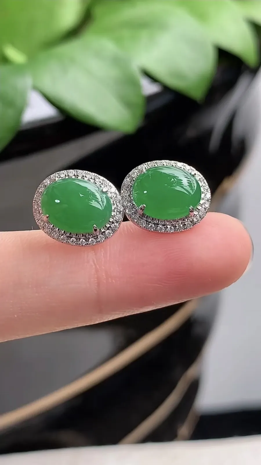 a货翡翠老坑种18K金伴钻镶嵌满绿蛋面耳钉 尺寸9.3×6.8mm 重量2.65g 1206