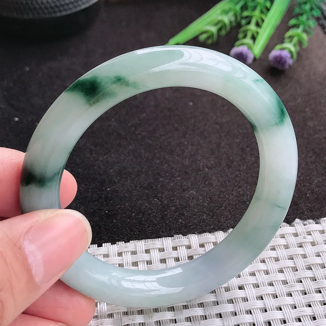天然A货翡翠53/10.5/9.5老坑精美冰润飘花圆条手镯玉镯