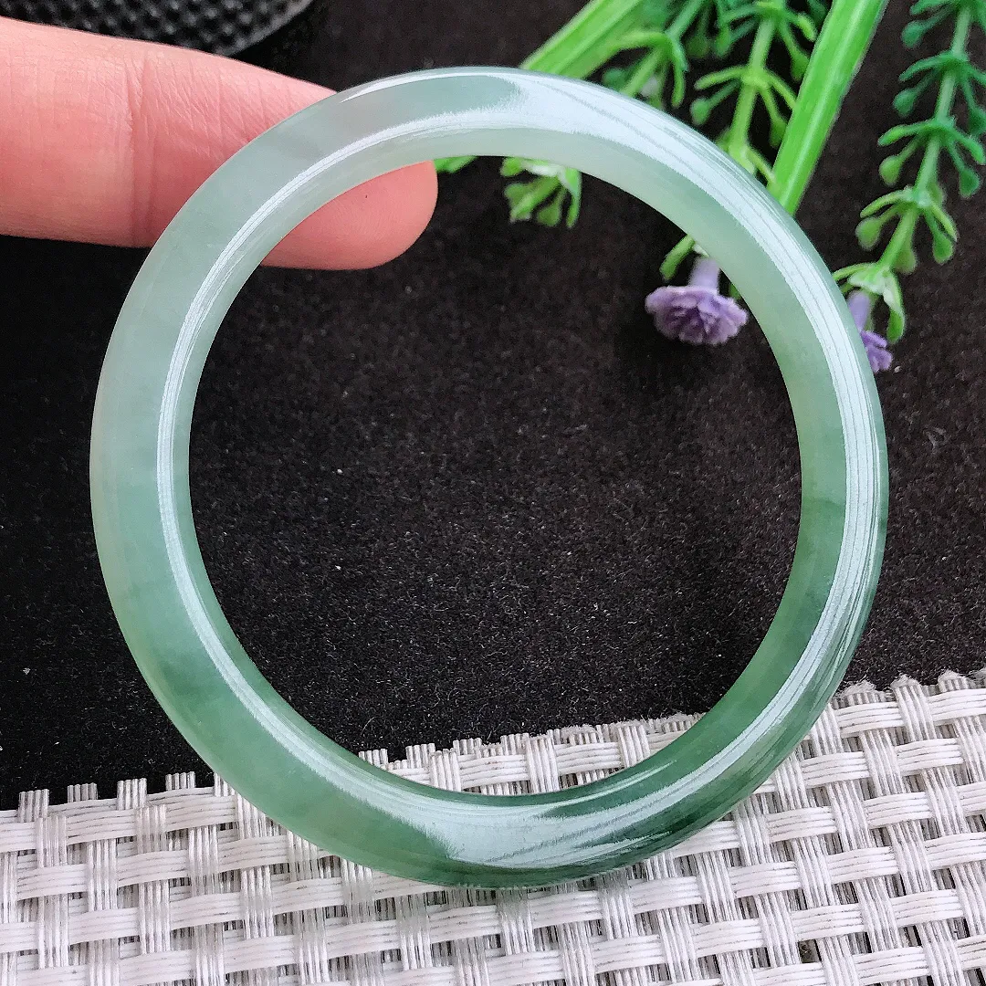 天然A货翡翠52.5/6.1/7.5老坑冰胶水灵飘花细条手镯圆条玉镯