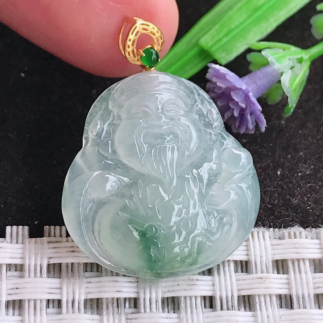 天然A货翡翠22.8/22/5老坑18k金镶嵌冰透起胶飘花财神爷吊坠翡翠挂件