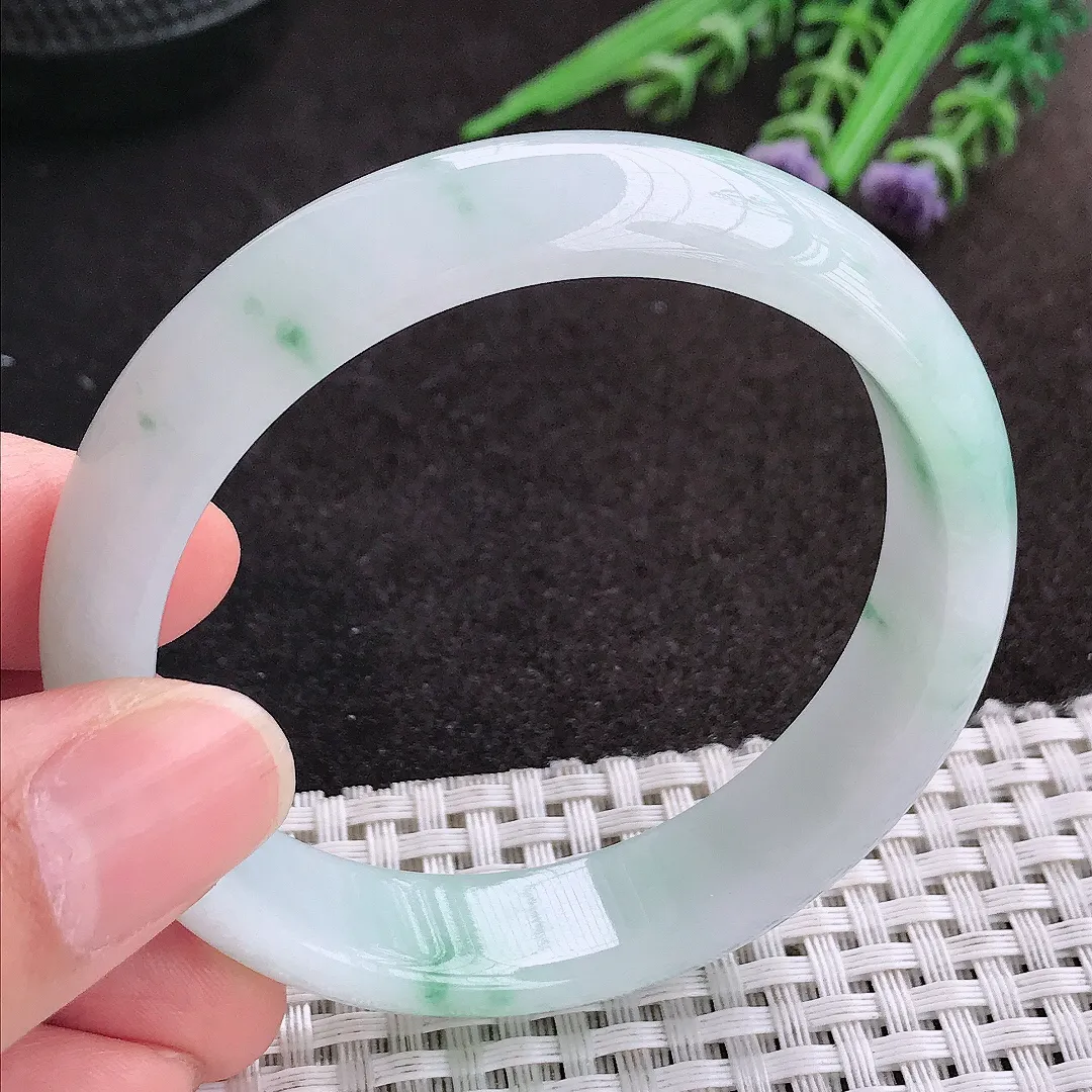 天然A货翡翠55/13.5/7.2老坑秀气冰曲目起胶飘花手镯宽边玉镯