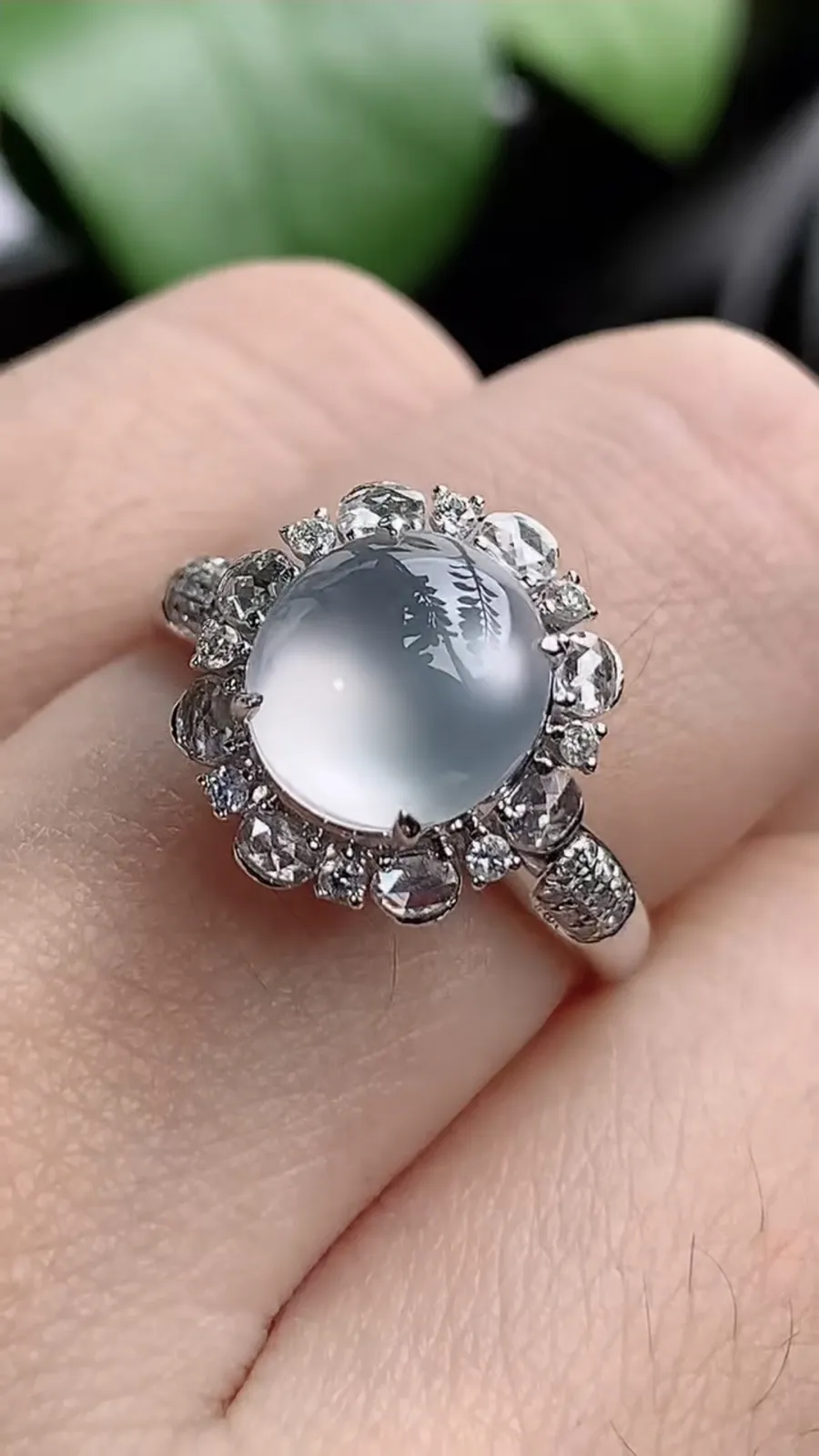 a货翡翠老坑冰种18K金伴钻镶嵌白月光蛋面戒指 圈口17.4裸石尺寸8.2×7.6mm 重量3.42g 1207