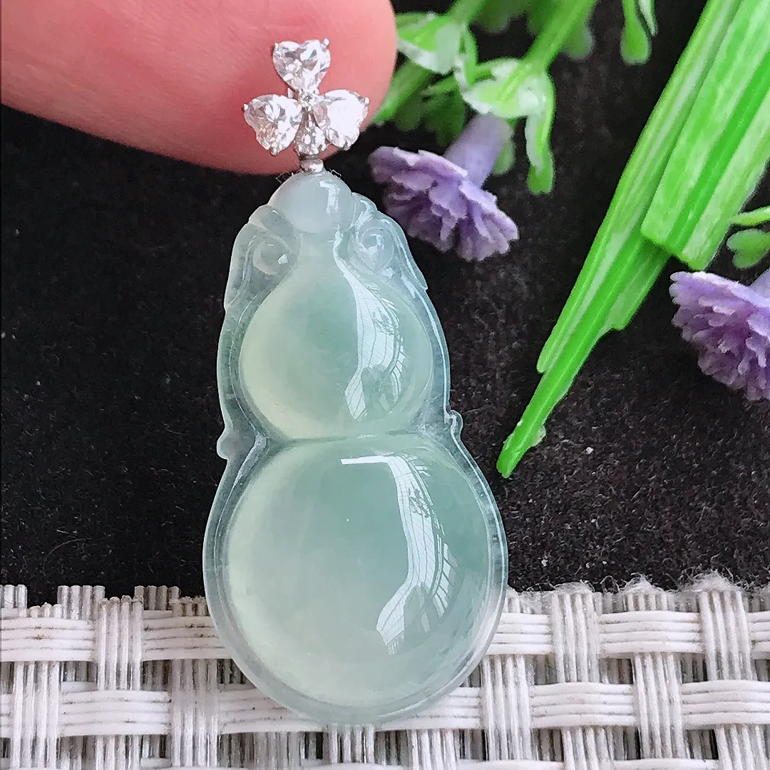 天然A货翡翠29.2/16.5/5.9老坑18k金镶嵌冰种冰晴葫芦吊坠翡翠挂件