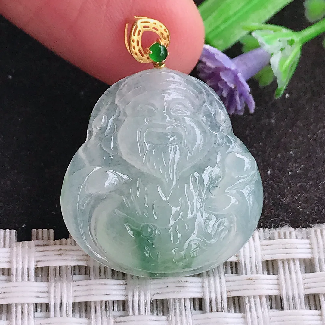 天然A货翡翠22.8/22/5老坑18k金镶嵌冰透起胶飘花财神爷吊坠翡翠挂件