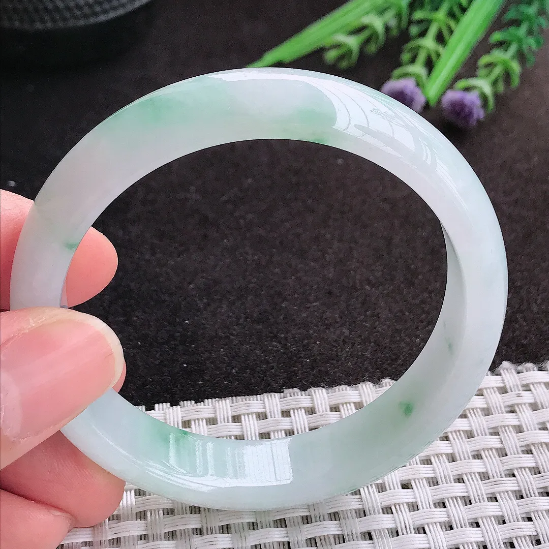 天然A货翡翠55/13.5/7.2老坑秀气冰曲目起胶飘花手镯宽边玉镯