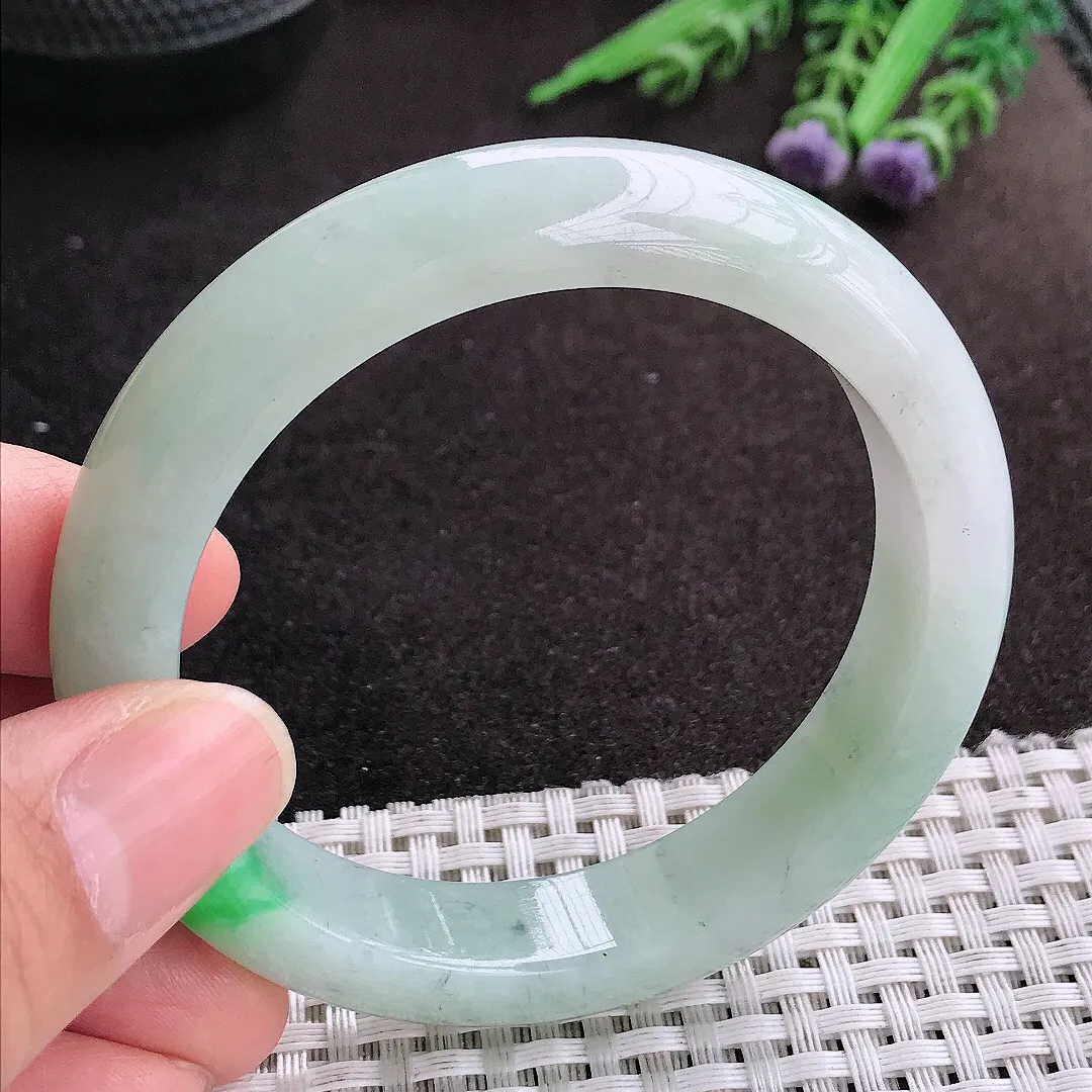 天然A货翡翠55.8/12.5/8.7老坑精美温润飘阳绿手镯宽边玉镯