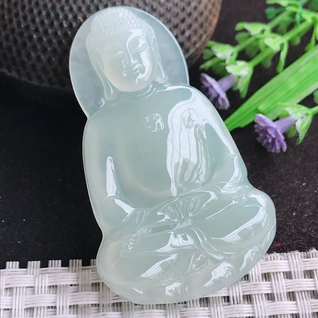 天然A货翡翠58/36.3/6老坑冰纯果冻胶冰晴绿大日如来佛吊坠翡翠挂件