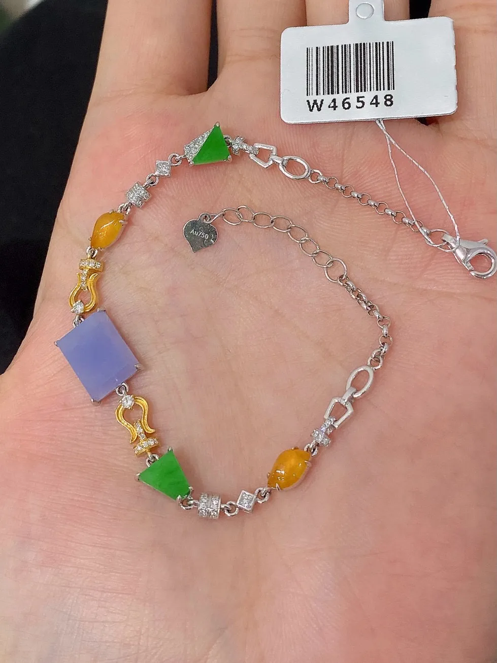 【冰种紫方无事牌镶嵌手链】颗颗冰透，饱满圆润，光泽闪耀，流行款，18K金搭配，裸石尺寸10.1*2*2.8毫米，总长180