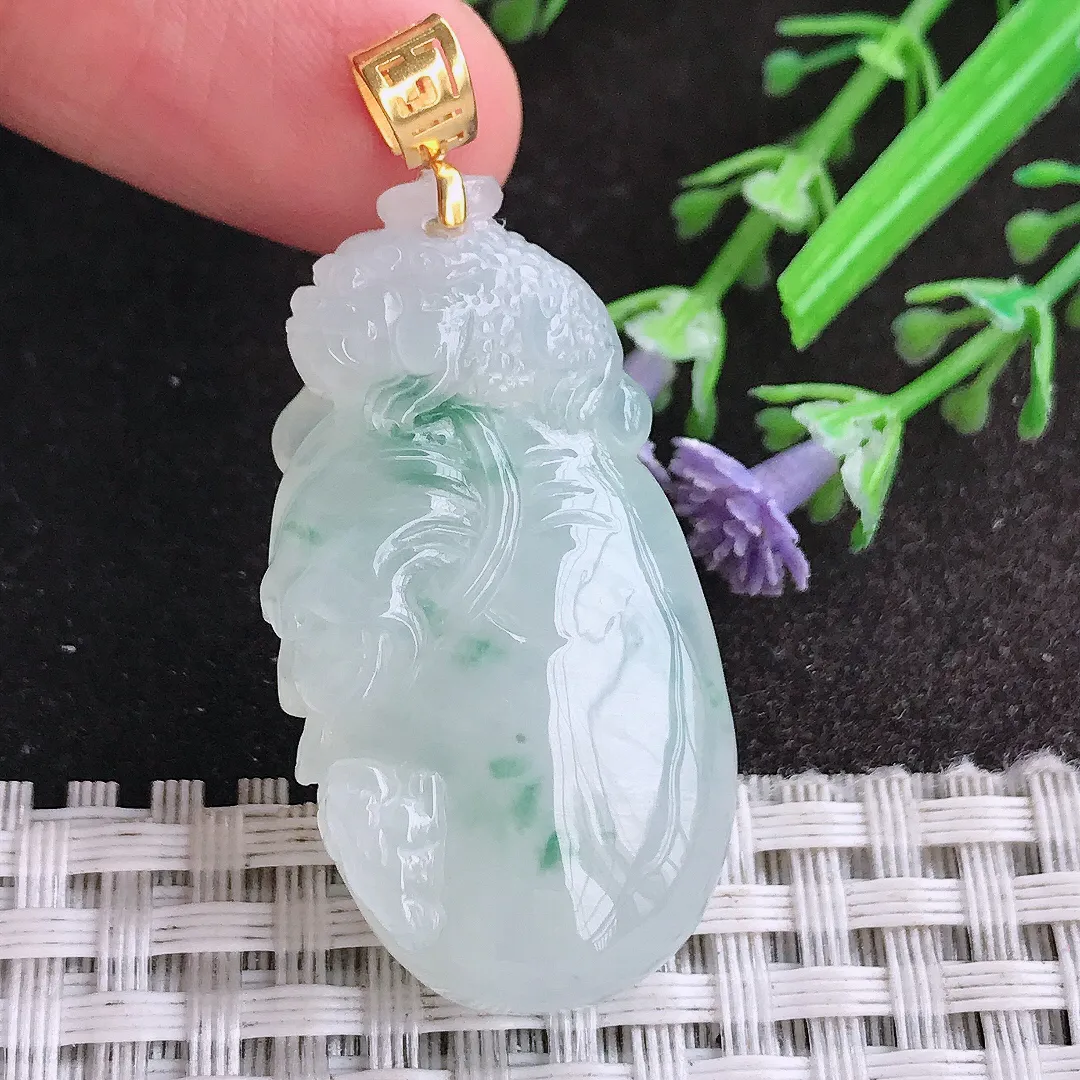 天然A货翡翠38.5/20.5/9.7老坑18k金镶嵌冰胶果冻飘花袋袋有钱钱袋子吊坠翡翠福袋挂件