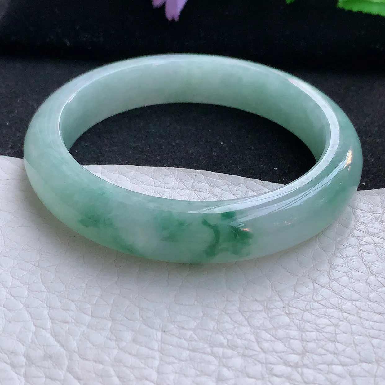 hy自然光57.5*12*8.5平安镯 翡翠a货玉手镯冰飘花宽边珠宝玉手环