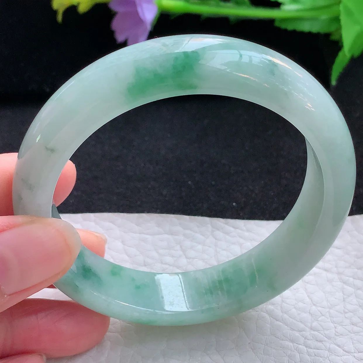 hy自然光58*14.5*8.5平安镯 翡翠a货玉手镯飘花宽边珠宝玉手环