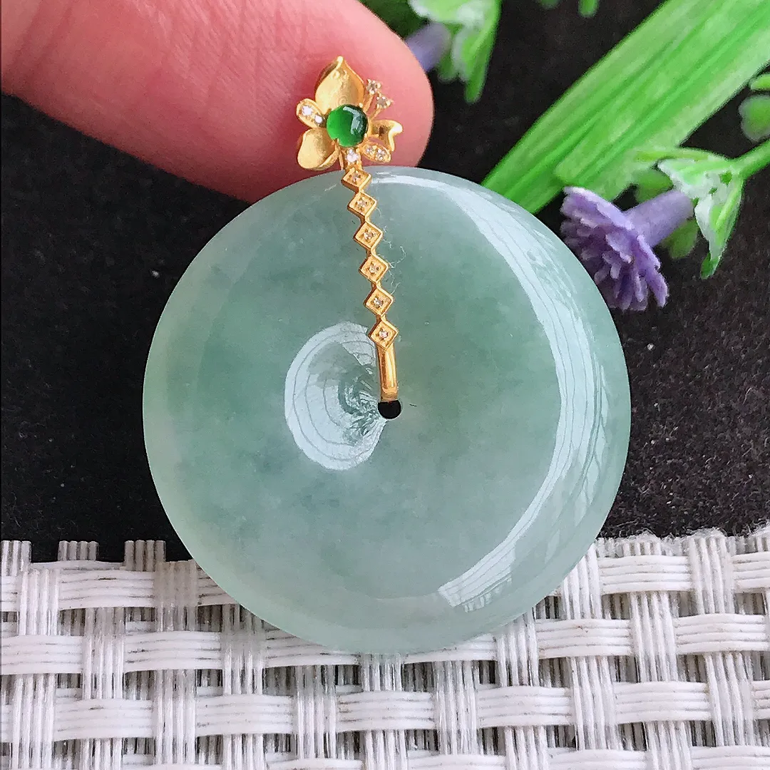 天然A货翡翠29.6/5.6老坑18k金镶嵌冰胶果冻冰晴平安扣吊坠翡翠挂件