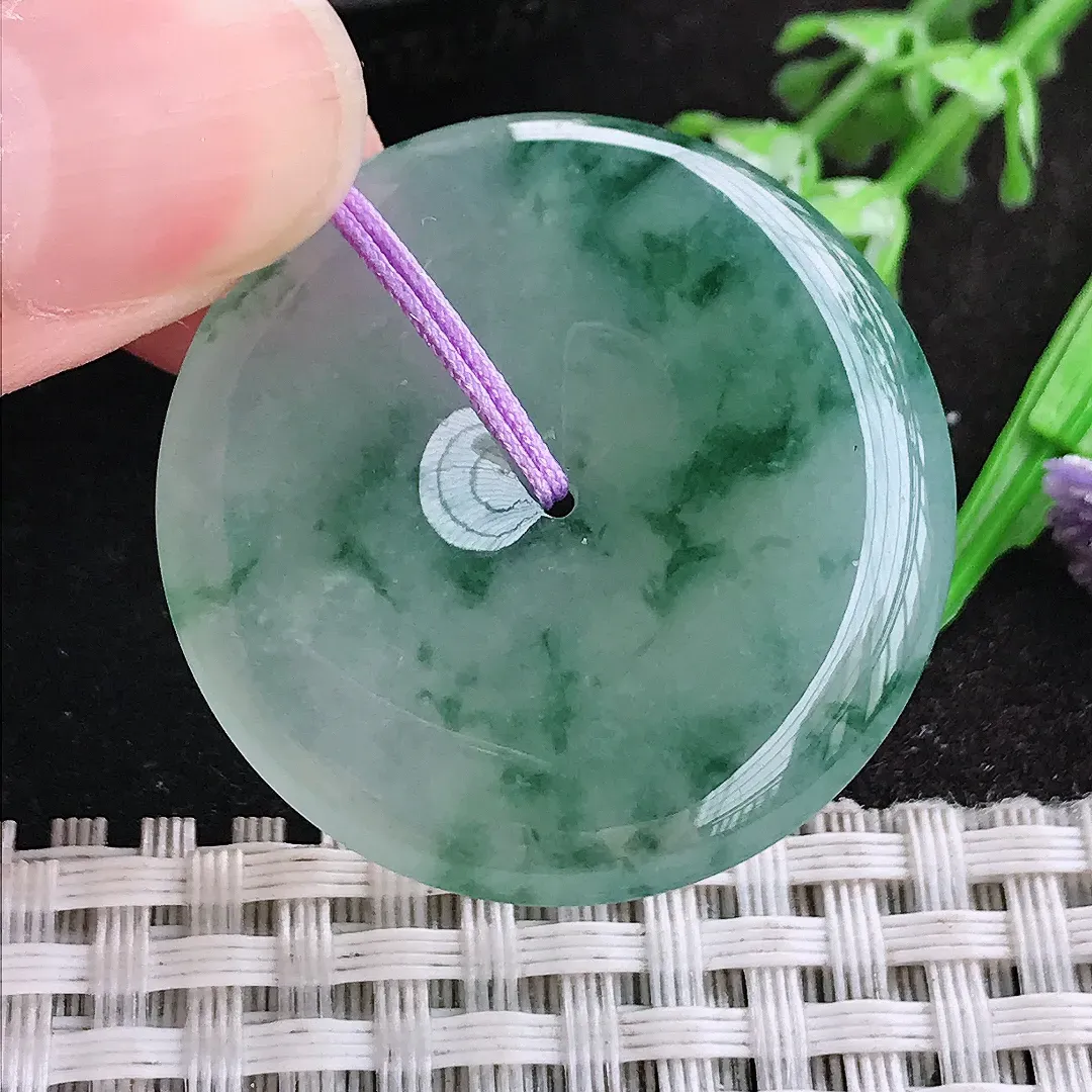 天然A货翡翠34.3/5.6老坑冰胶果冻冰飘花平安扣吊坠翡翠玉扣挂件