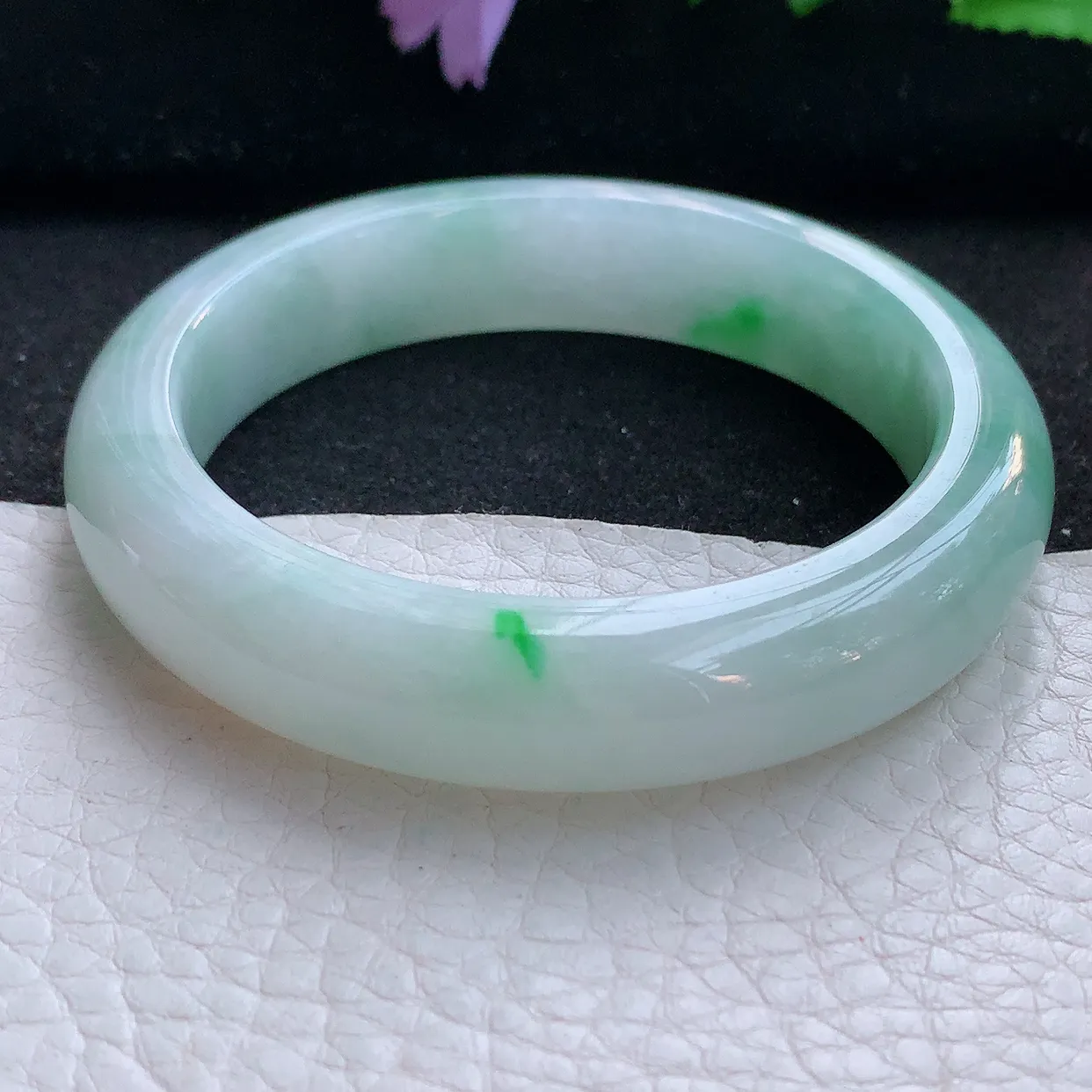 zjf小圈口52.5*12.5*8.3平安镯 翡翠a货玉手镯清新飘绿宽边珠宝玉手环