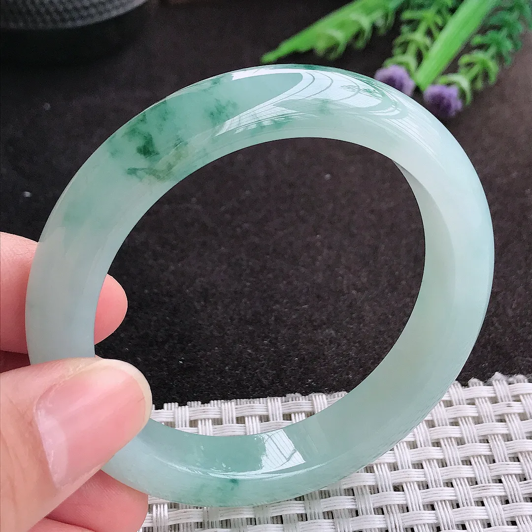 天然A货翡翠54.8/11.8/8.6老坑冰胶果冻飘花手镯宽边玉镯