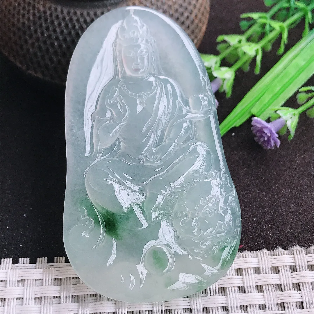 天然a货翡翠67.6/40.2/5.7老坑冰种起胶冰飘花文殊菩萨吊坠翡翠玉观音挂件