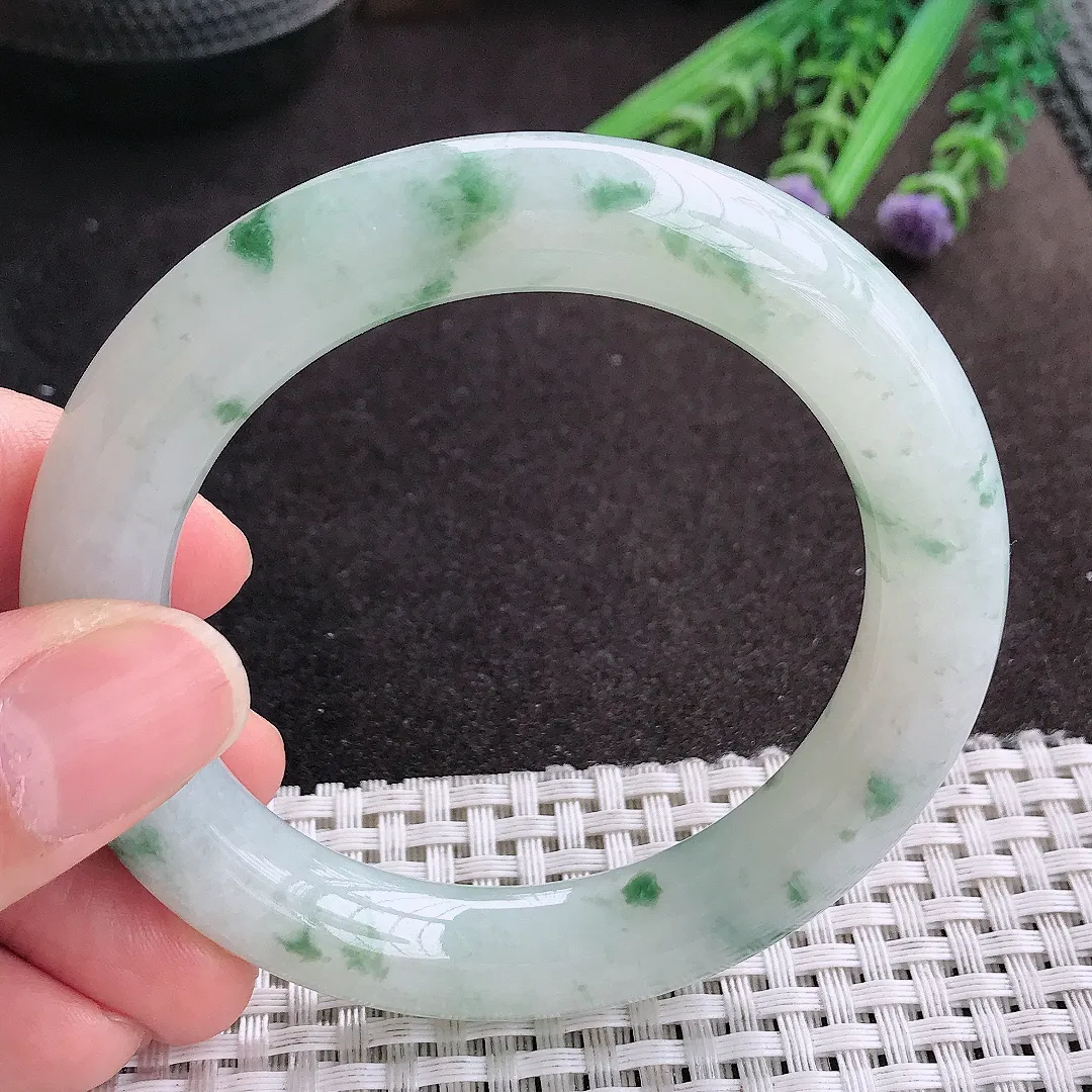 天然A货翡翠54/10.8/10.8老坑冰润起胶飘花圆条手镯玉镯