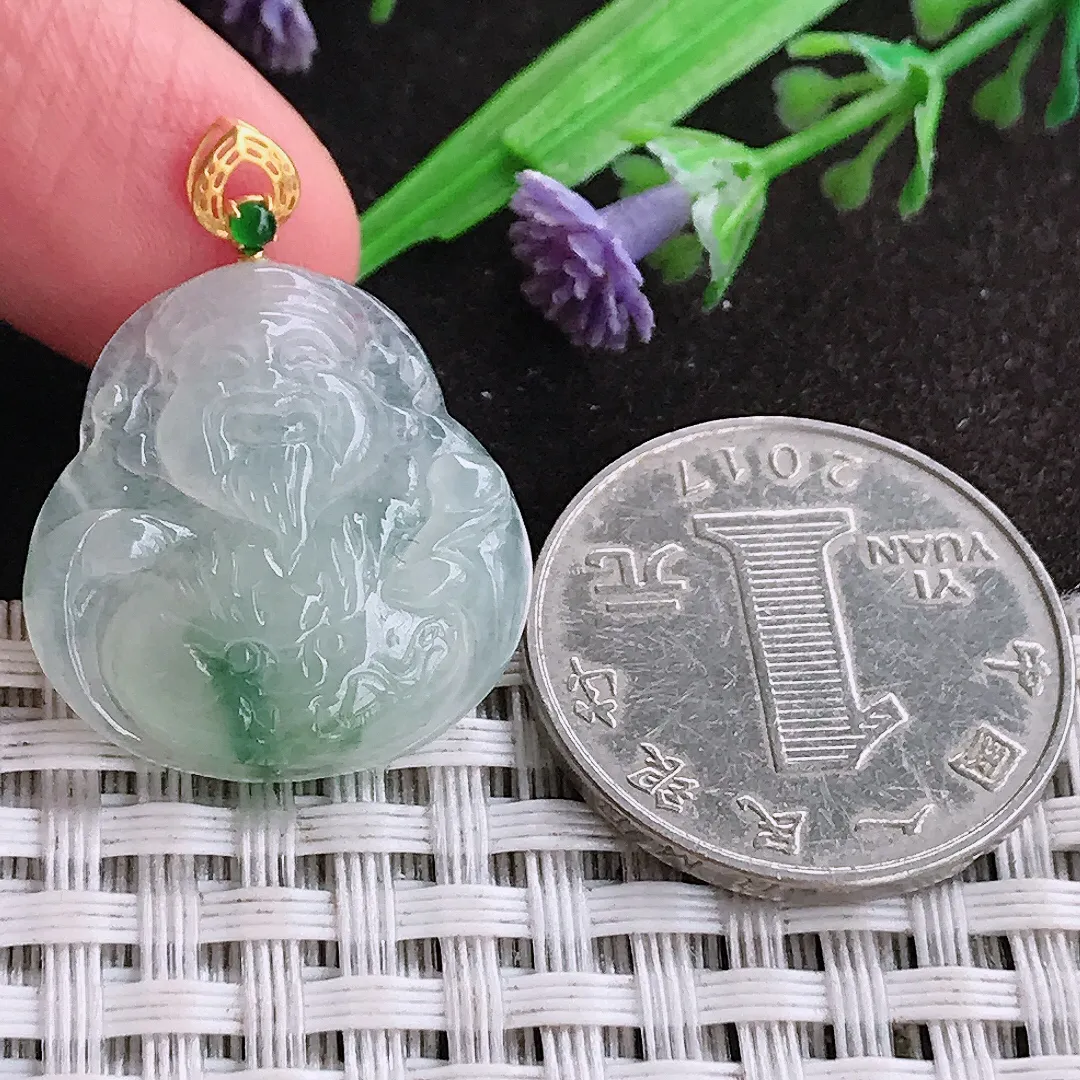 天然A货翡翠22.8/22/5老坑18k金镶嵌冰透起胶飘花财神爷吊坠翡翠挂件