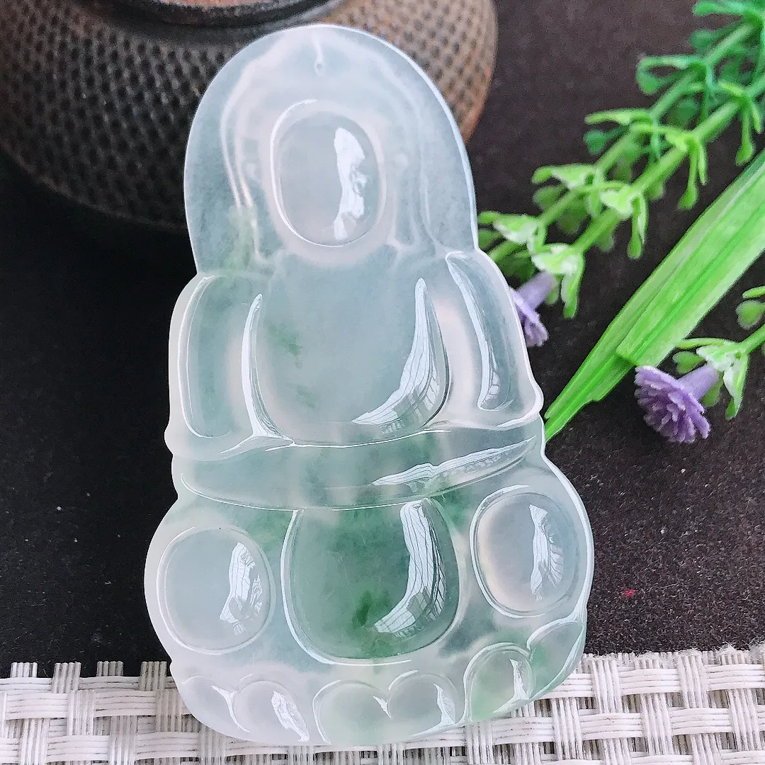 天然a货翡翠68.8/41.8/6老坑高冰透冰种飘花正装观音吊坠玉观音挂件