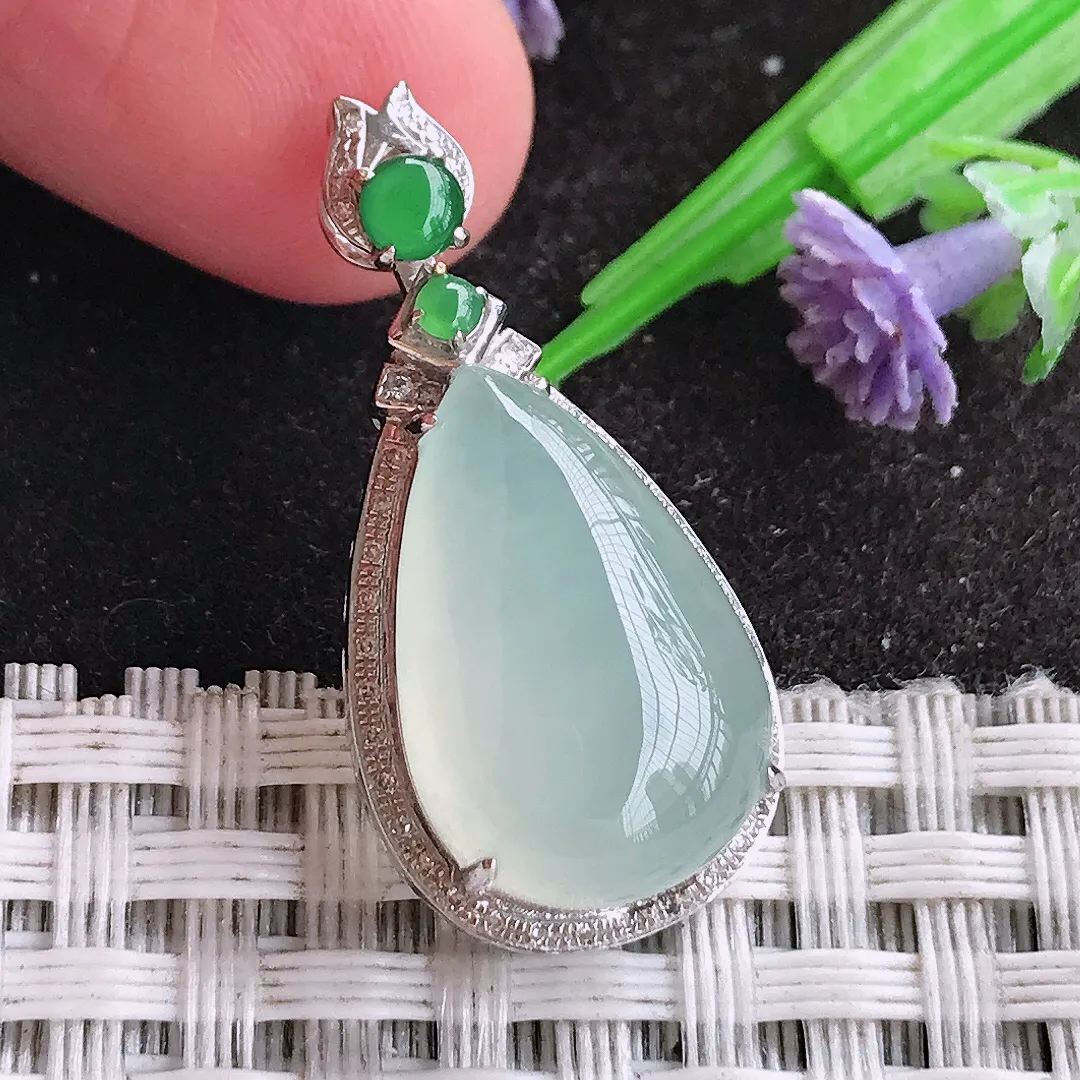 天然A货翡翠29.6/14.3/9.7老坑18k金镶嵌冰种水滴吊坠冰纯起光翡翠镶嵌挂件