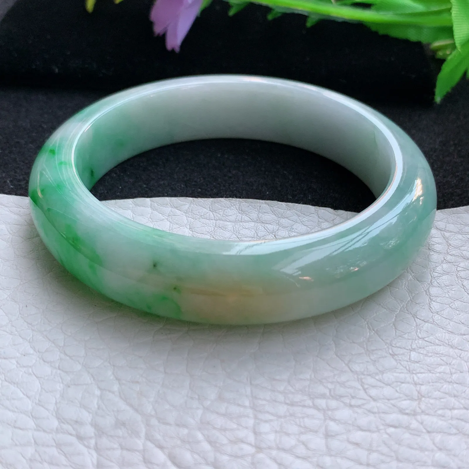 cc自然光57.5*13.8*9平安镯 翡翠a货玉手镯三彩厚装宽边珠宝玉手环