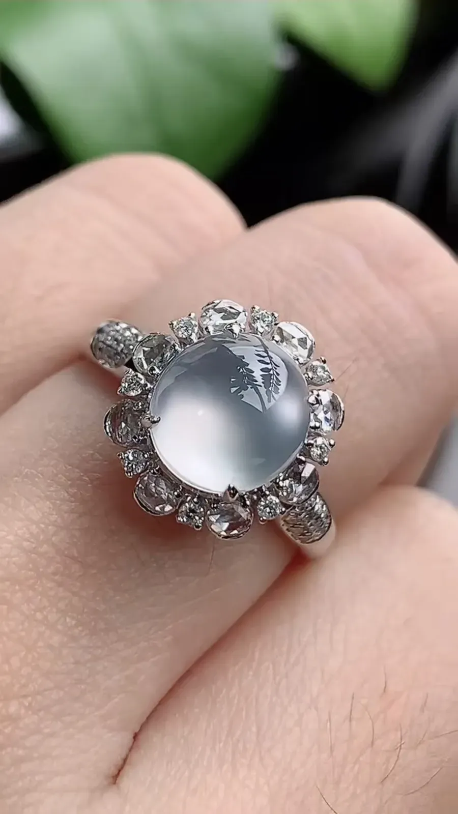 a货翡翠老坑冰种18K金伴钻镶嵌白月光蛋面戒指 圈口17.4裸石尺寸8.2×7.6mm 重量3.42g 1207