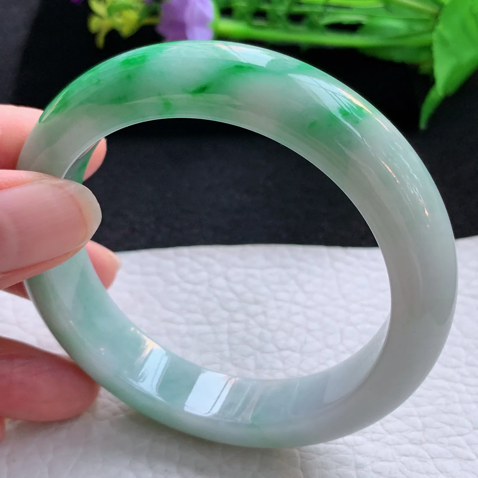 cc自然光57.5*13.8*9平安镯 翡翠a货玉手镯三彩厚装宽边珠宝玉手环