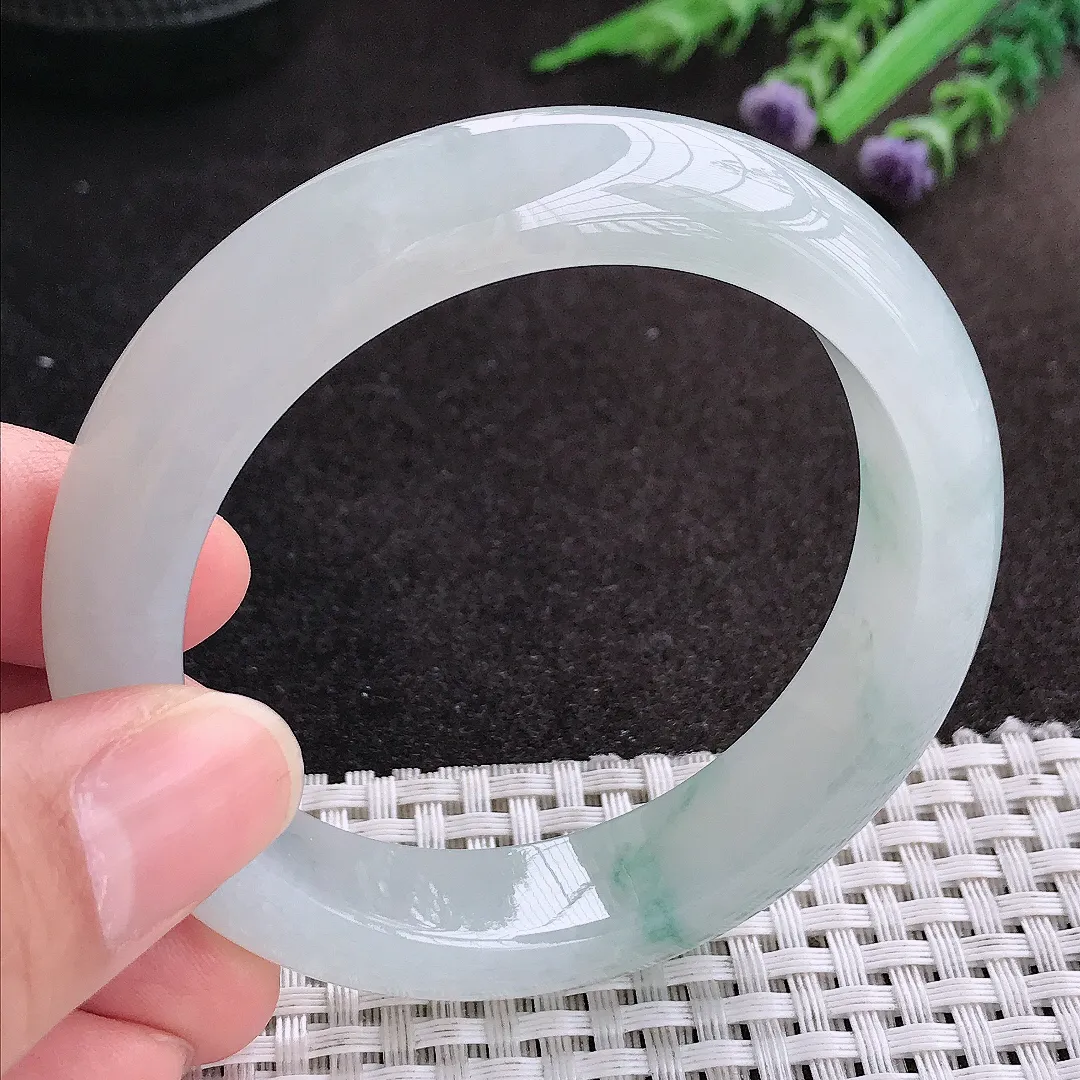 天然A货翡翠54/12.9/9老坑冰胶果冻冰飘花手镯宽边玉镯