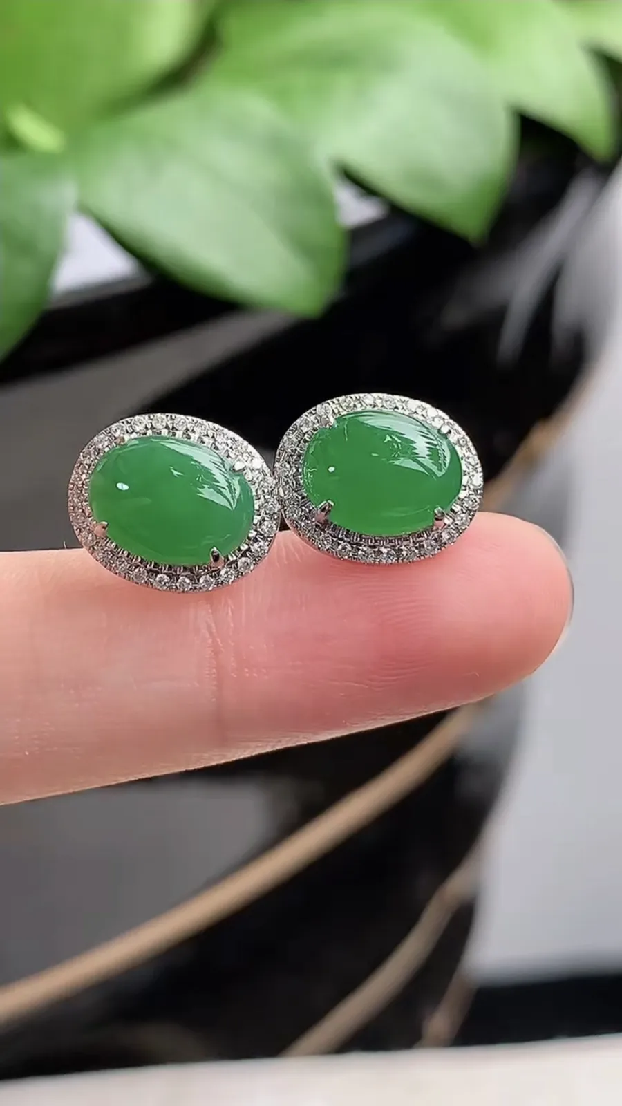 a货翡翠老坑种18K金伴钻镶嵌满绿蛋面耳钉 尺寸9.3×6.8mm 重量2.65g 1206