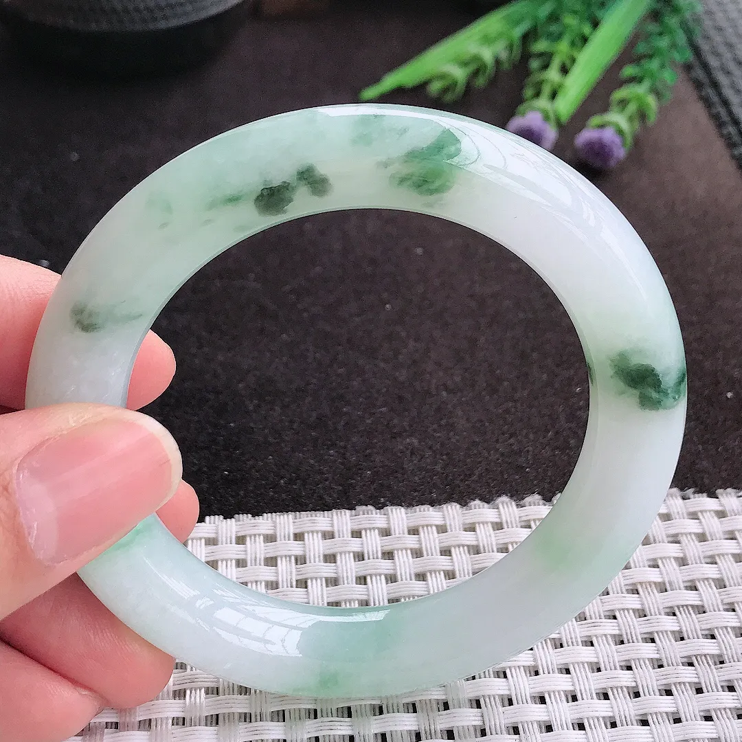 天然A货翡翠54/11.5/11老坑冰胶水灵飘花圆条手镯玉镯