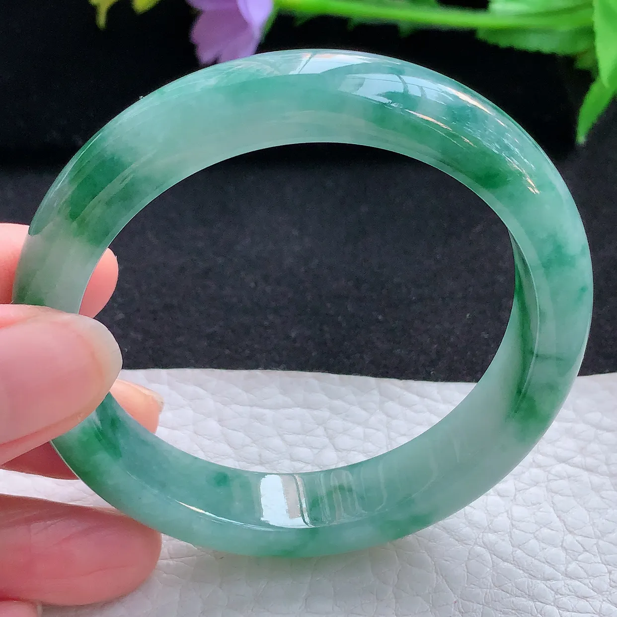 r自然光55*12.3*7.8平安镯 翡翠a货玉手镯冰飘花宽边珠宝玉手环