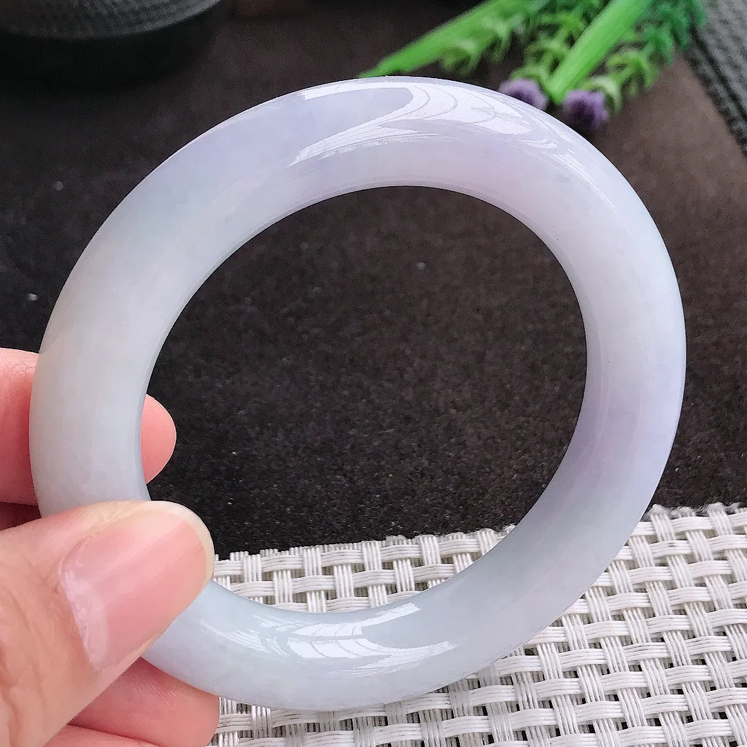 天然A货翡翠54.5/11.8/11.4老坑冰润起胶紫罗兰圆条手镯玉镯
