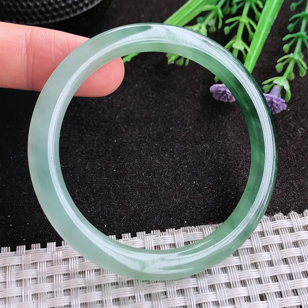 天然A货翡翠52.5/6.1/7.5老坑冰胶水灵飘花细条手镯圆条玉镯