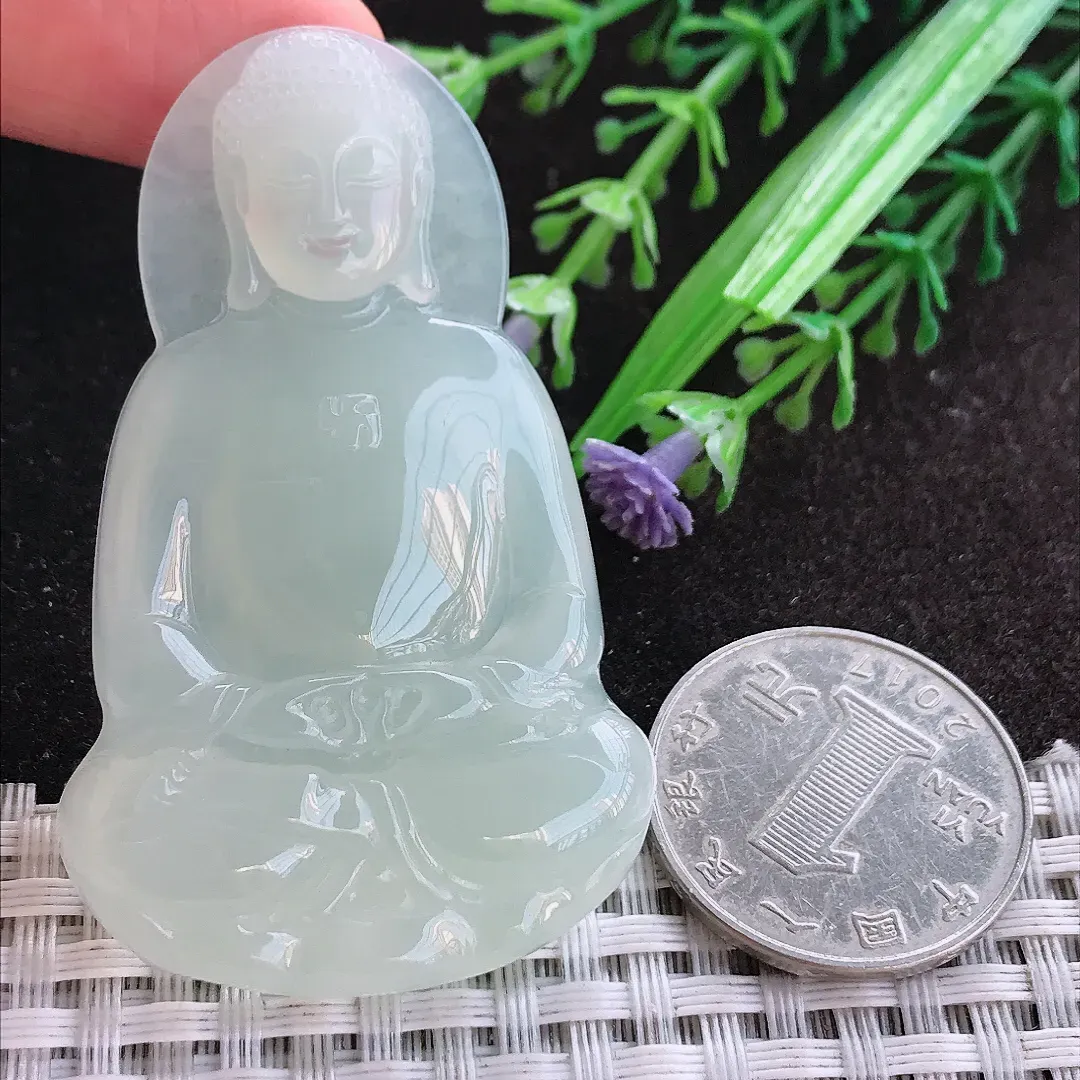 天然A货翡翠58/36.3/6老坑冰纯果冻胶冰晴绿大日如来佛吊坠翡翠挂件