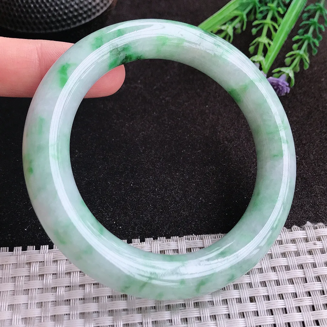 天然A货翡翠59/12.2老坑精美温润飘绿胖圆条手镯玉镯