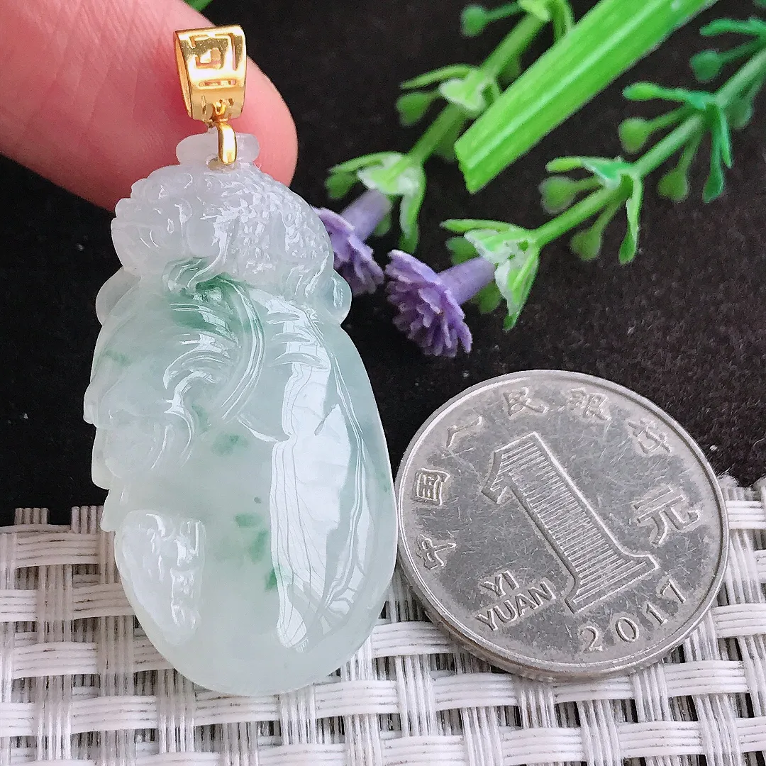 天然A货翡翠38.5/20.5/9.7老坑18k金镶嵌冰胶果冻飘花袋袋有钱钱袋子吊坠翡翠福袋挂件