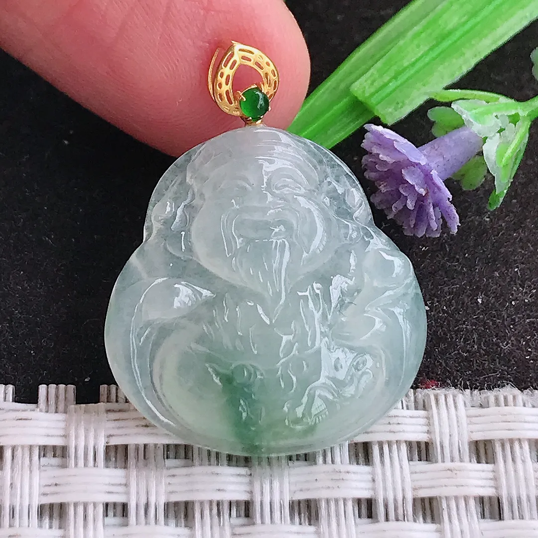 天然A货翡翠22.8/22/5老坑18k金镶嵌冰透起胶飘花财神爷吊坠翡翠挂件