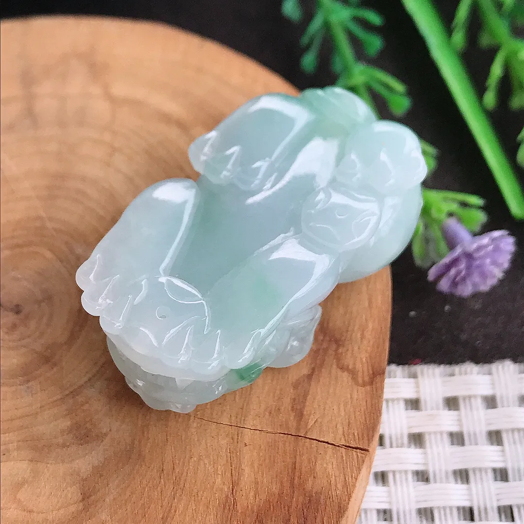 天然A货翡翠37.5/21/12.8老坑秀气冰润飘花貔貅吊坠翡翠挂件