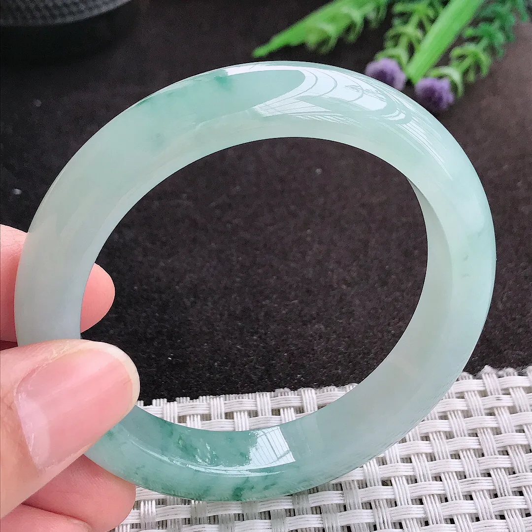 天然A货翡翠54.8/11.8/8.6老坑冰胶果冻飘花手镯宽边玉镯