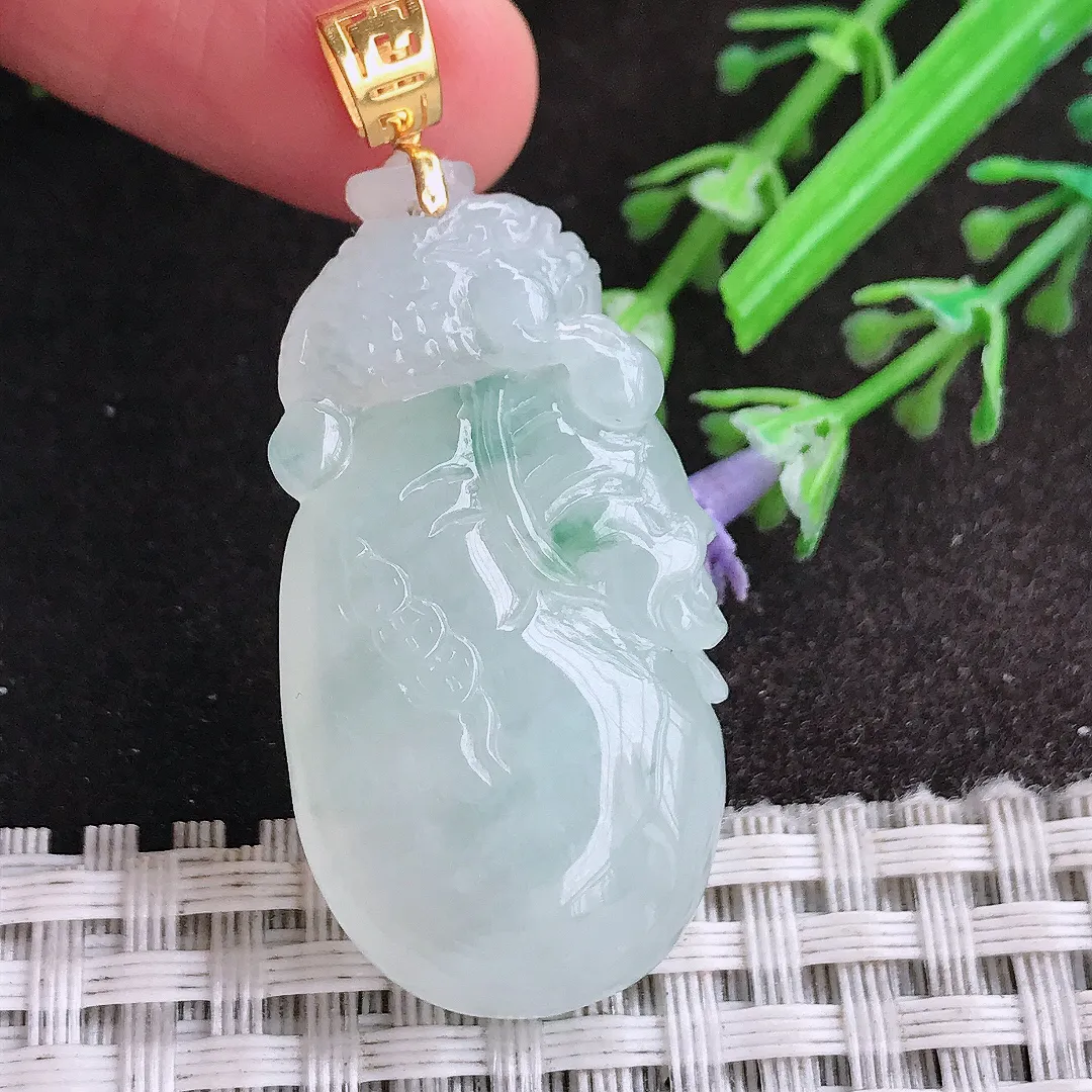 天然A货翡翠38.5/20.5/9.7老坑18k金镶嵌冰胶果冻飘花袋袋有钱钱袋子吊坠翡翠福袋挂件